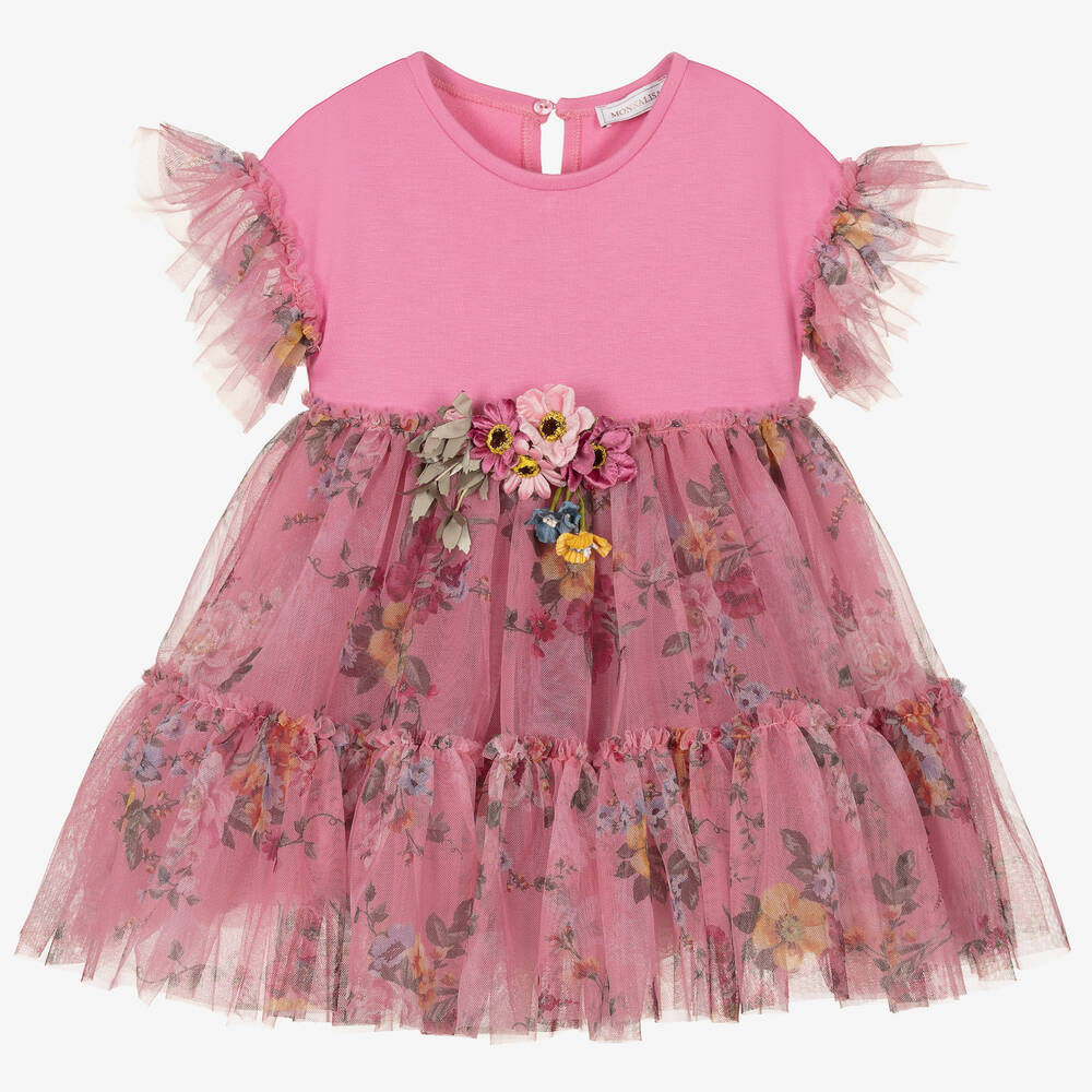 Monnalisa - Girls Pink Floral Tulle Dress | Childrensalon