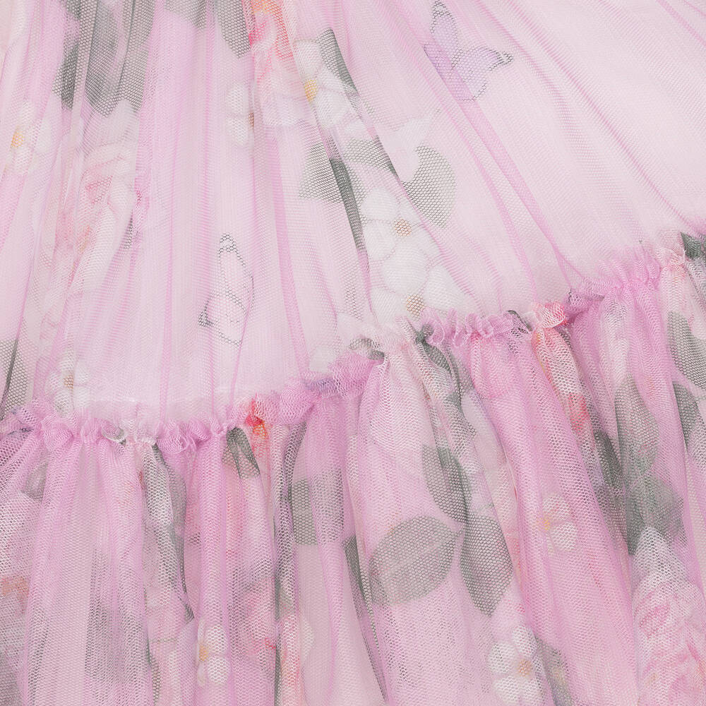 Monnalisa-Girls Pink Floral Tulle Dress | Childrensalon Outlet