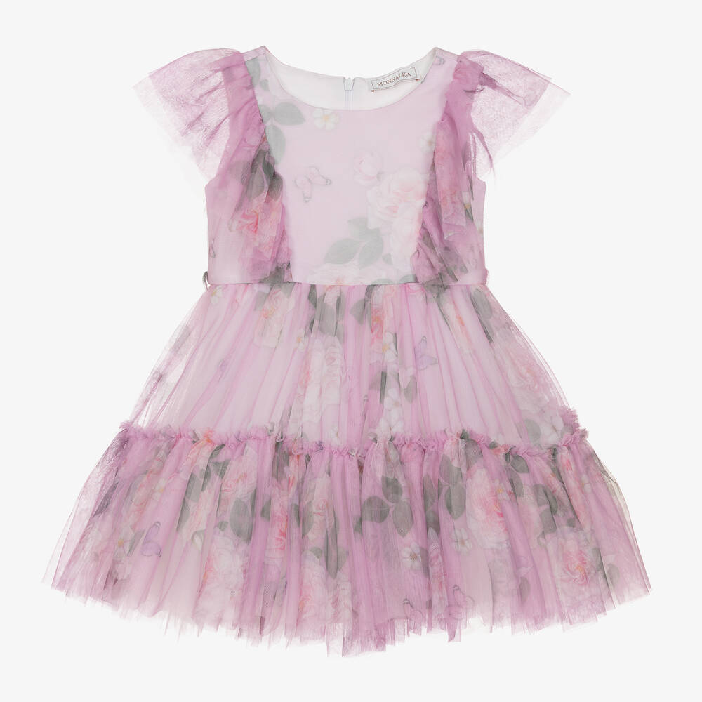 Monnalisa-Girls Pink Floral Tulle Dress | Childrensalon Outlet