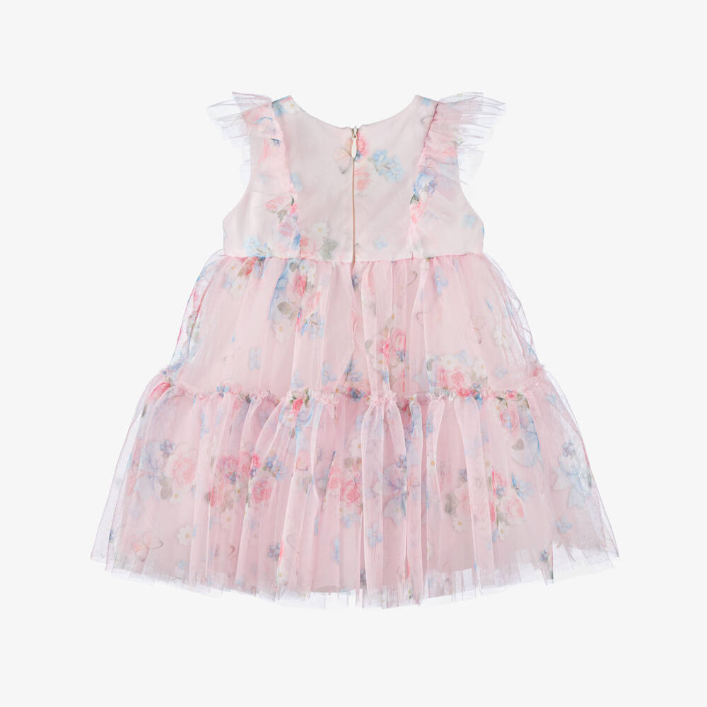 Monnalisa-Girls Pink Floral Tulle Dress | Childrensalon Outlet