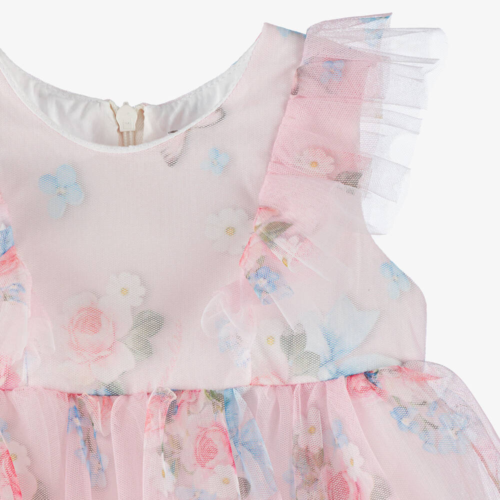 Monnalisa-Girls Pink Floral Tulle Dress | Childrensalon Outlet