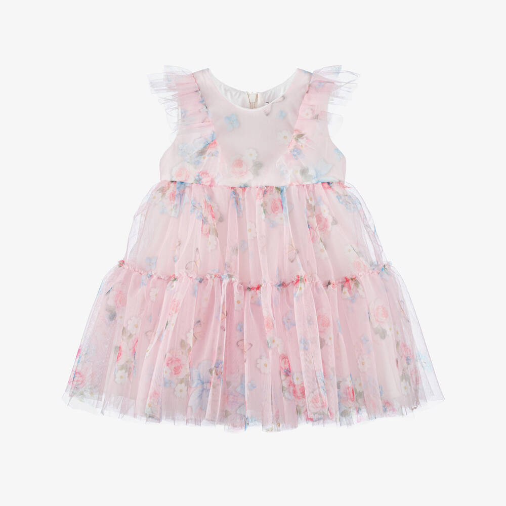 Monnalisa-Girls Pink Floral Tulle Dress | Childrensalon Outlet