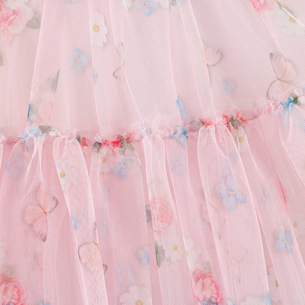 Monnalisa-Girls Pink Floral Tulle Dress | Childrensalon Outlet