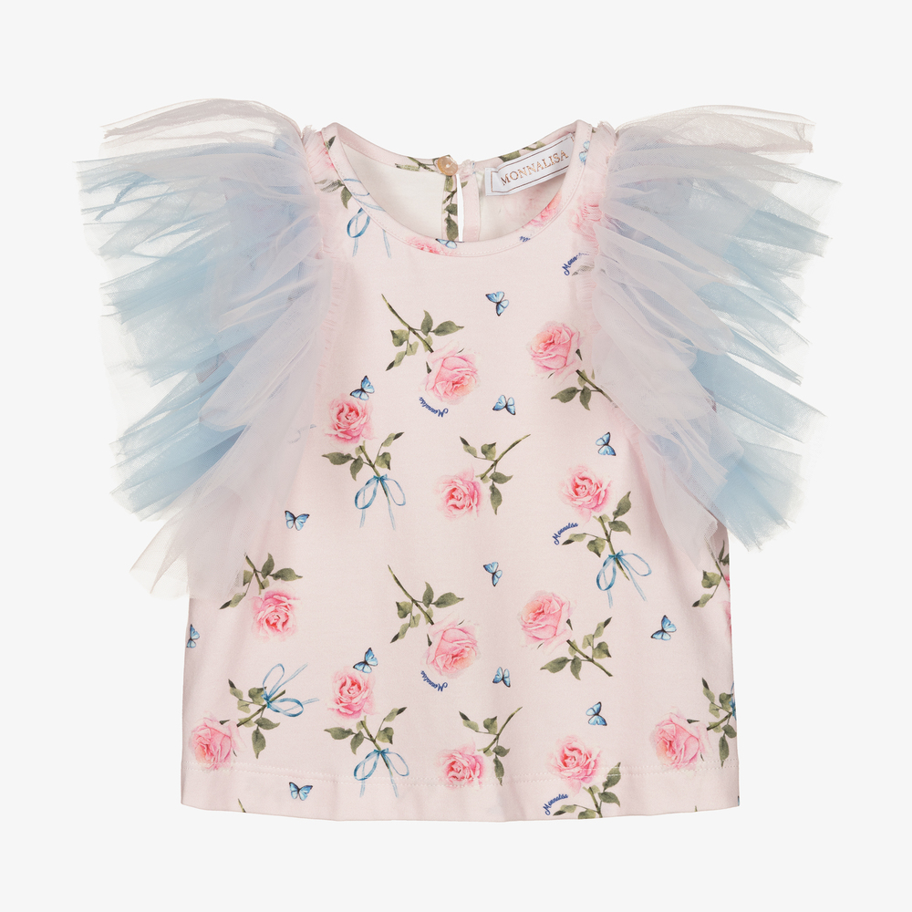 Monnalisa - Girls Pink Floral & Tulle Top  | Childrensalon