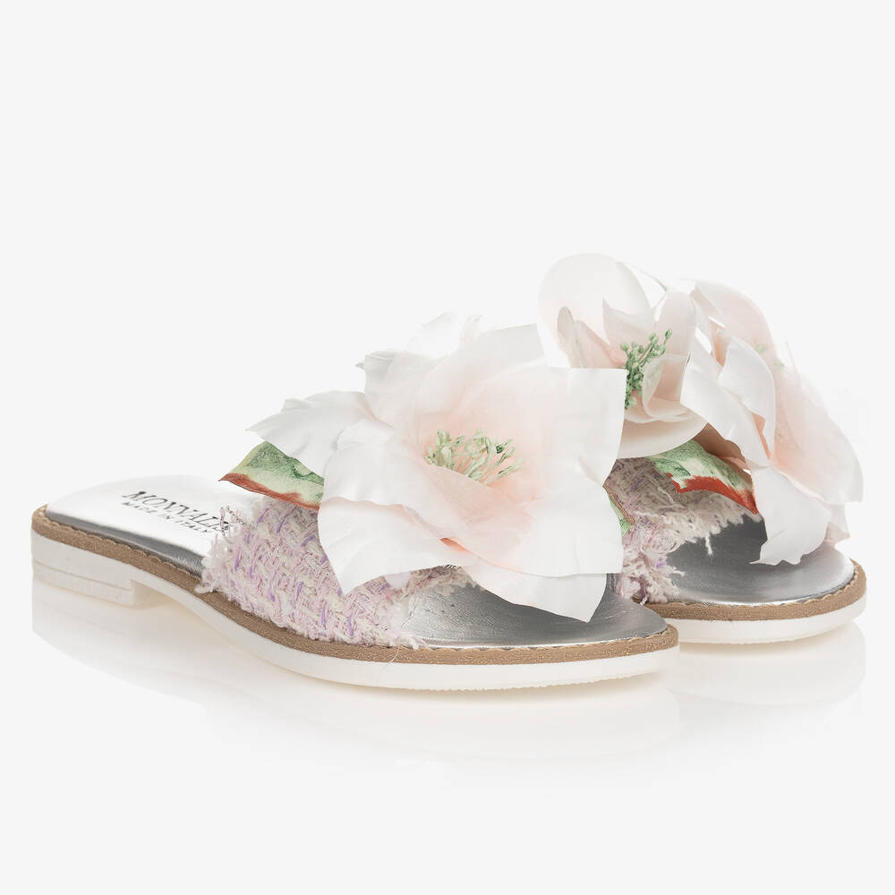 Monnalisa - Rosa Tweed-Pantoletten mit Blume | Childrensalon