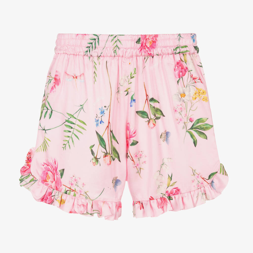 Monnalisa Шик-Розовые шорты из атласной вискозы с цветами для девочек | Childrensalon Outlet