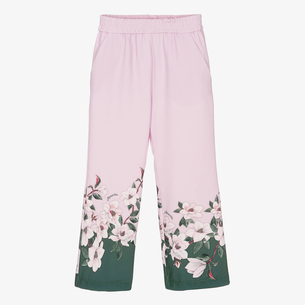 Monnalisa Chic - Girls Pink Floral Wide Leg Trousers | Childrensalon