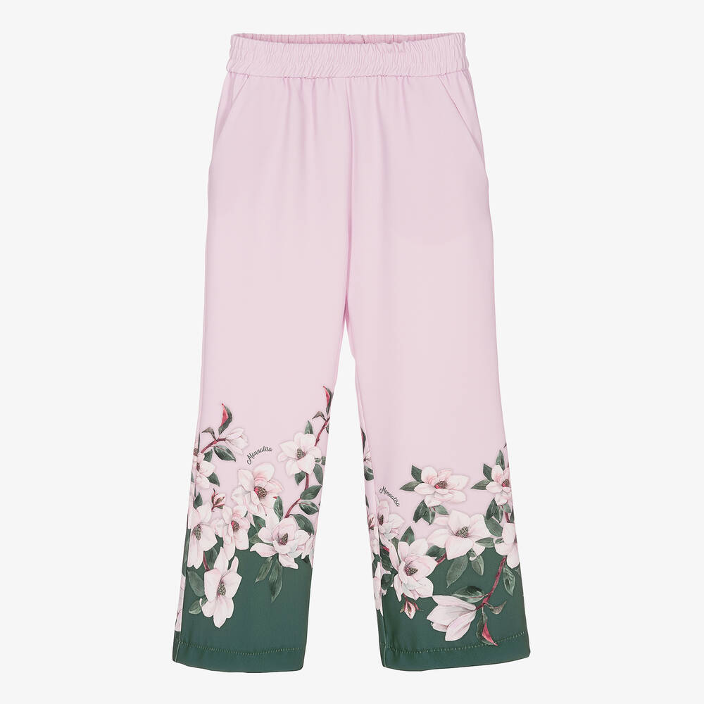 Monnalisa Chic-بنطلون بأرجل واسعة لون زهري بطبعة ورود للبنات | Childrensalon Outlet