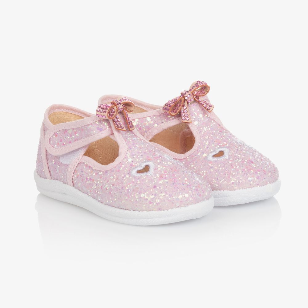 Monnalisa - Girls Pink Glitter Bow Shoes | Childrensalon