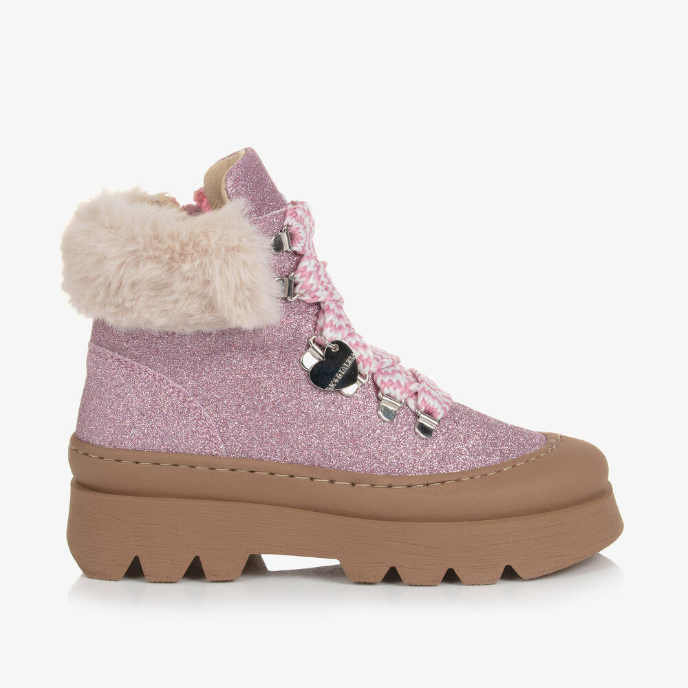 Monnalisa Girls Pink Glitter Faux Fur Boots Childrensalon Outlet