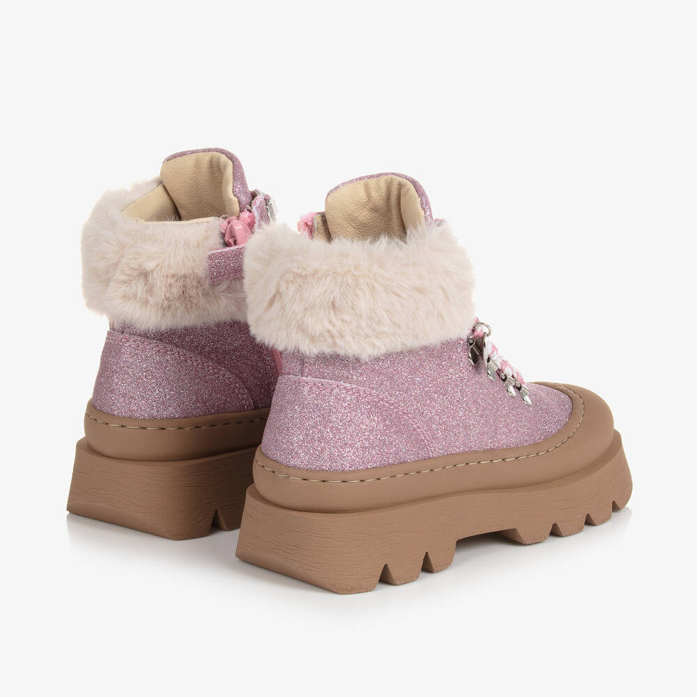 Monnalisa Girls Pink Glitter Faux Fur Boots Childrensalon Outlet