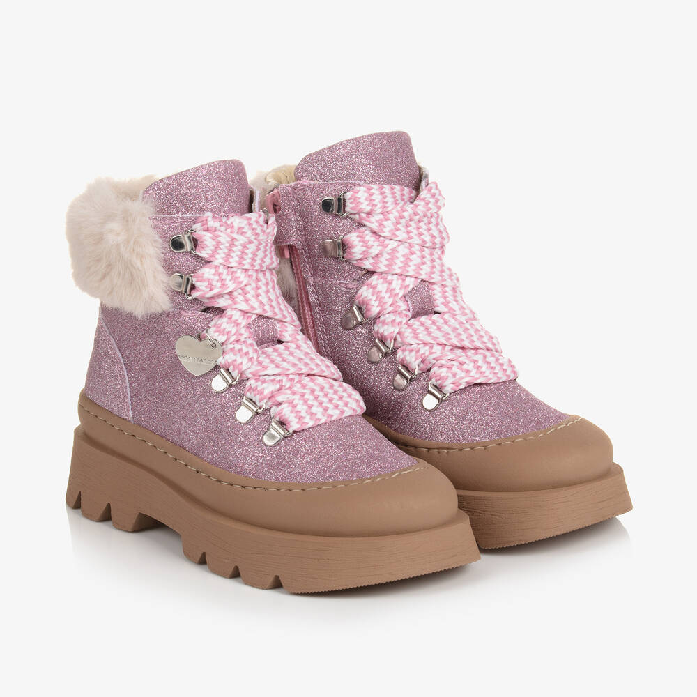 Monnalisa - Розовые ботинки с блестками и искусственным мехом | Childrensalon
