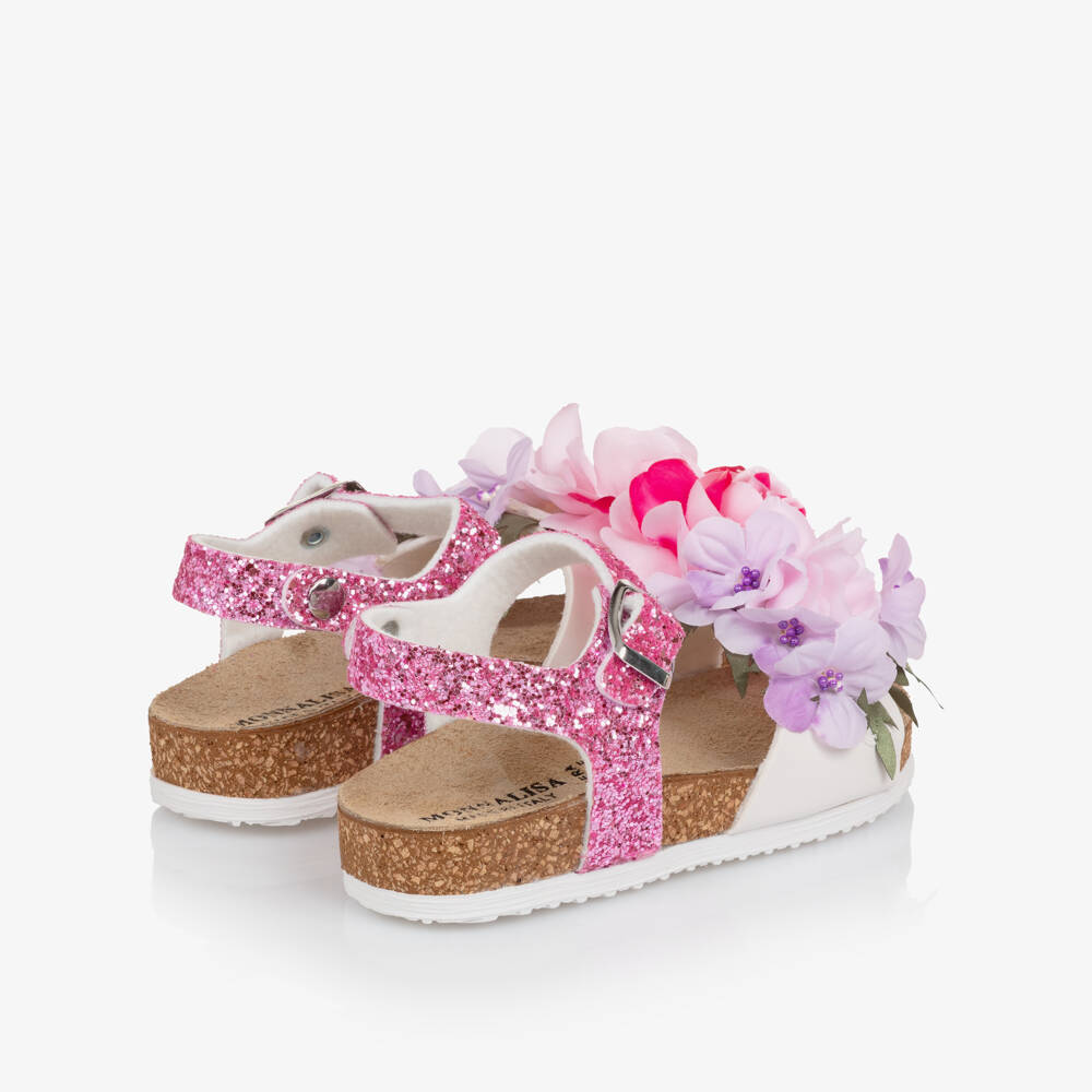 Monnalisa-Girls Pink Glitter & Floral Appliqué Sandals | Childrensalon Outlet
