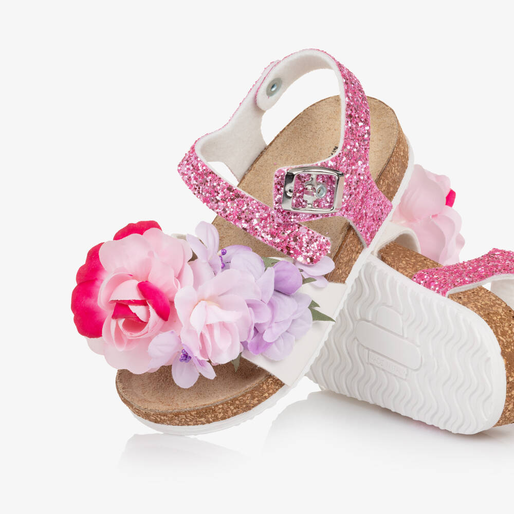 Monnalisa-Girls Pink Glitter & Floral Appliqué Sandals | Childrensalon Outlet