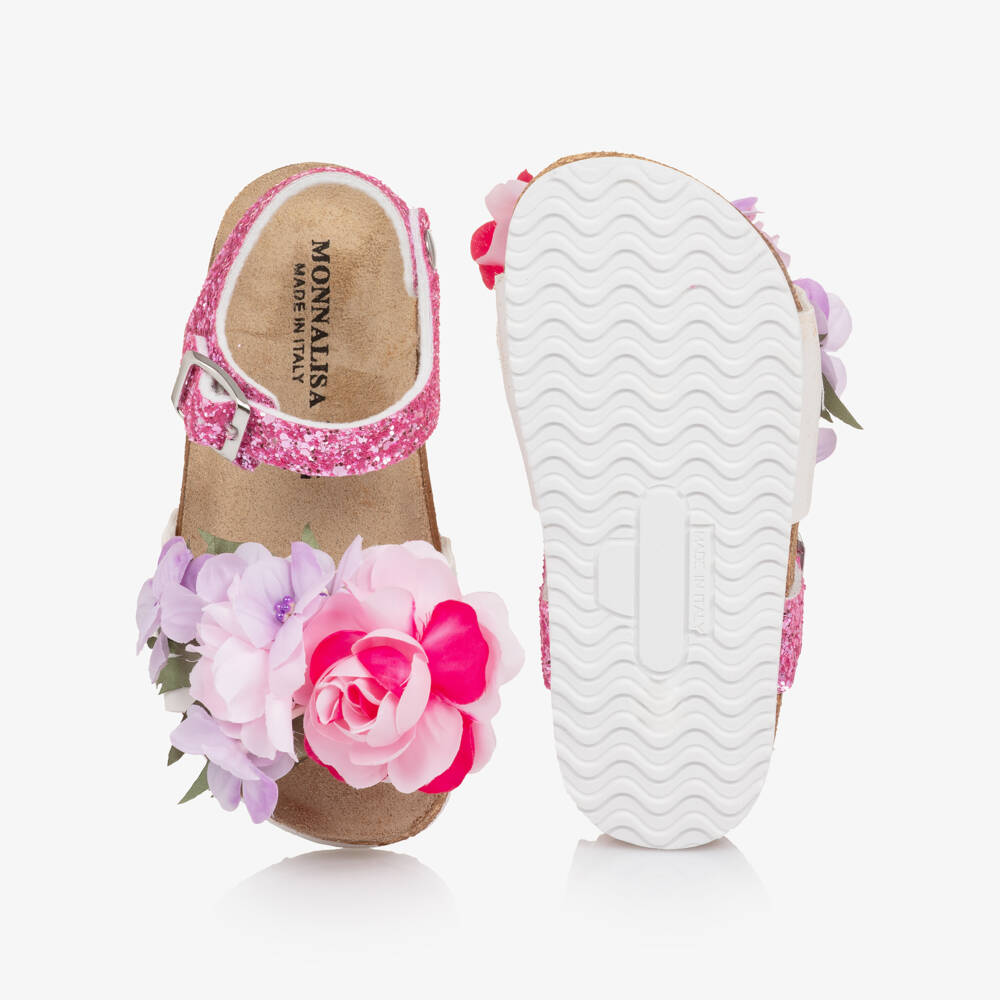 Monnalisa-Girls Pink Glitter & Floral Appliqué Sandals | Childrensalon Outlet