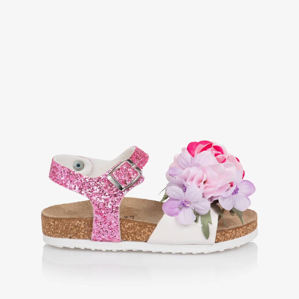 Monnalisa-Girls Pink Glitter & Floral Appliqué Sandals | Childrensalon Outlet