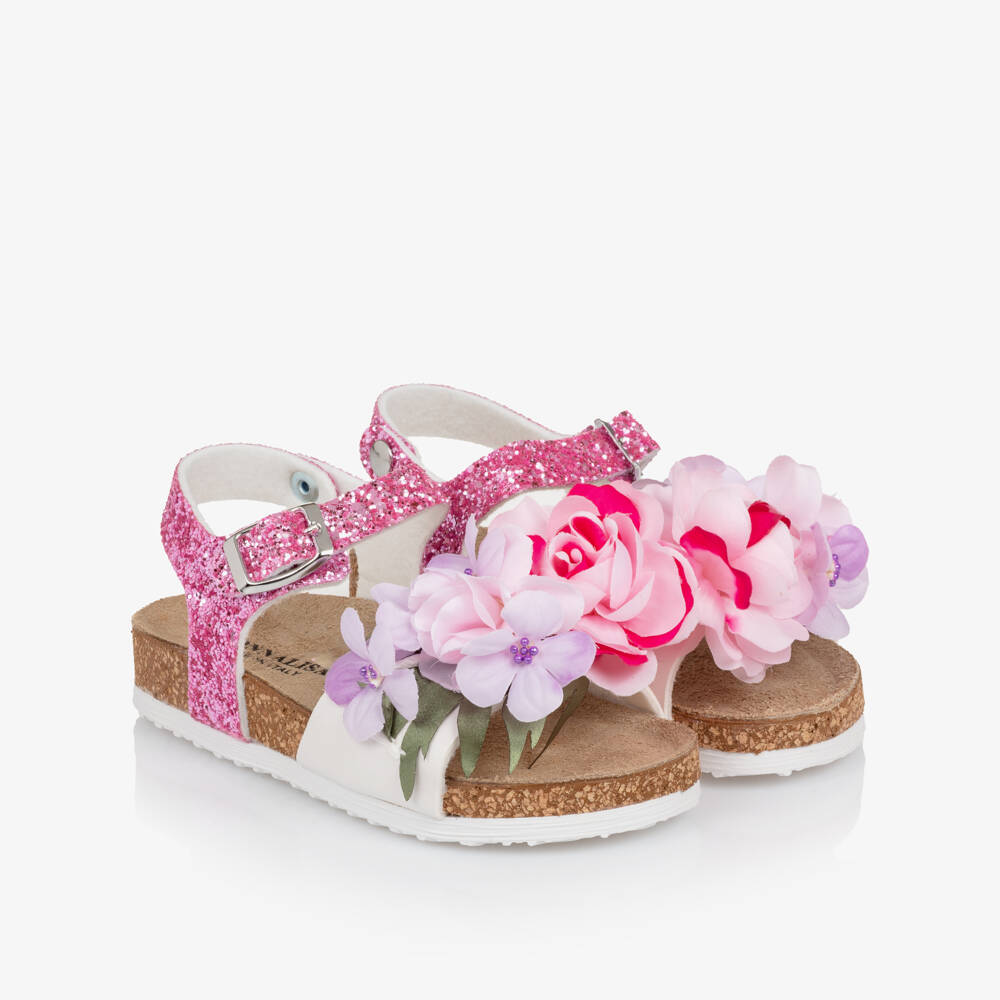Monnalisa-Girls Pink Glitter & Floral Appliqué Sandals | Childrensalon Outlet