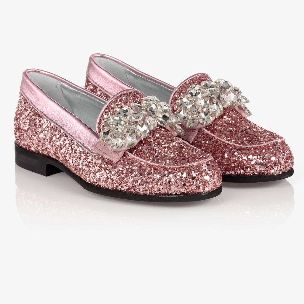 Monnalisa - Girls Pink Glitter Loafers | Childrensalon