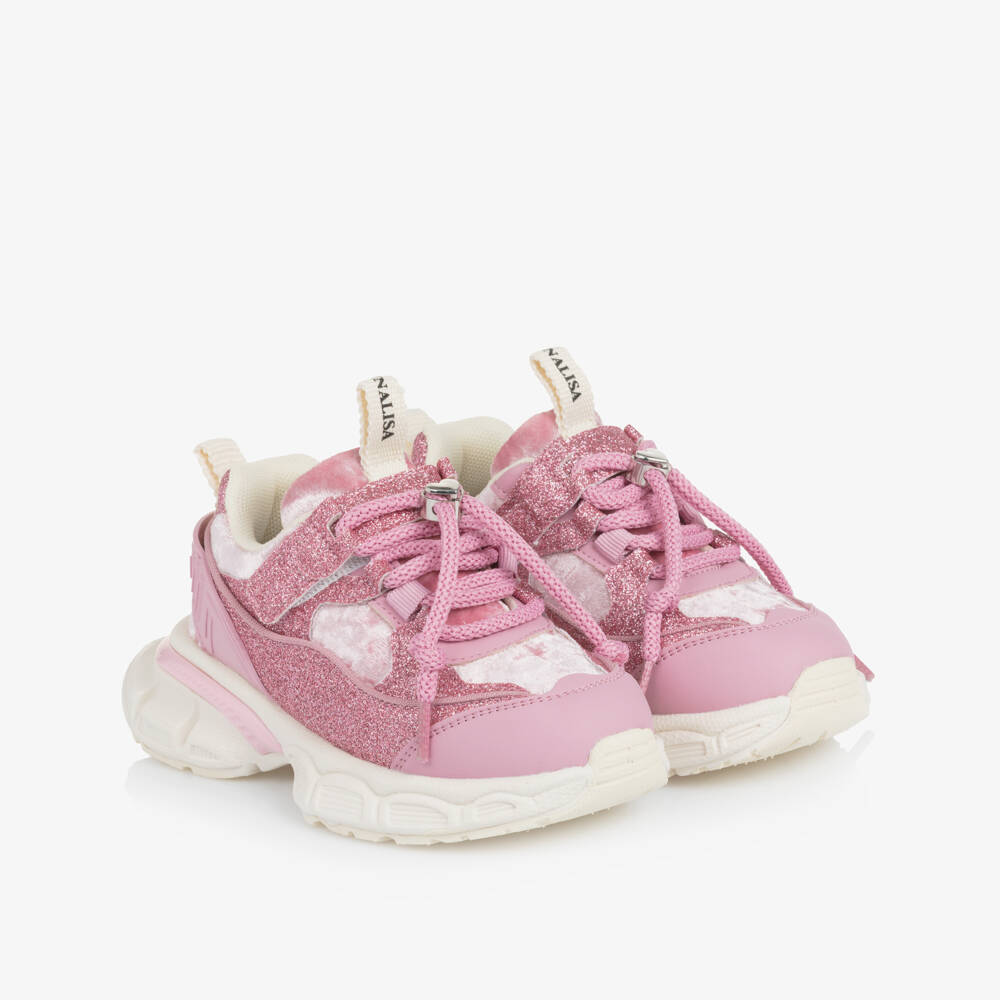 Monnalisa-Girls Pink Glitter & Plush Chunky Trainers | Childrensalon Outlet