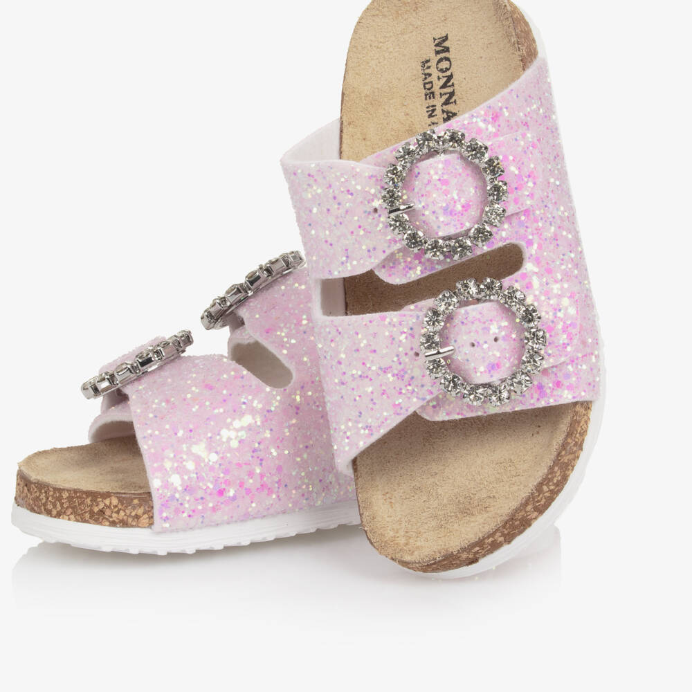 Monnalisa-Girls Pink Glitter Sandals with Diamanté Buckles | Childrensalon Outlet