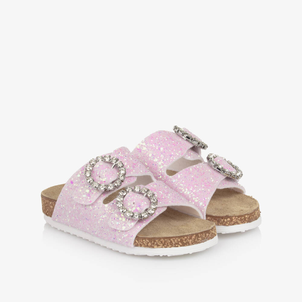 Monnalisa-Girls Pink Glitter Sandals with Diamanté Buckles | Childrensalon Outlet