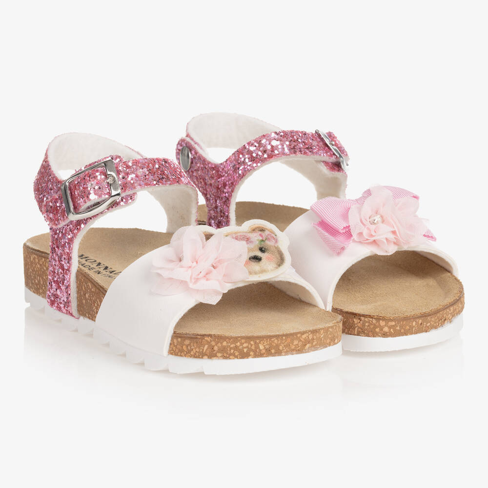 Monnalisa - Girls Pink Glitter Teddy Sandals | Childrensalon