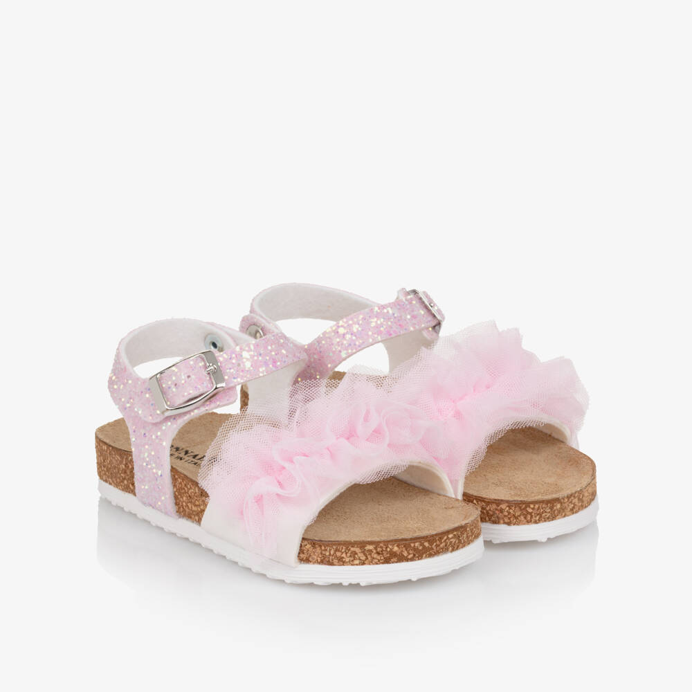 Monnalisa-Girls Pink Glitter & Tulle Ruffle Sandals | Childrensalon Outlet