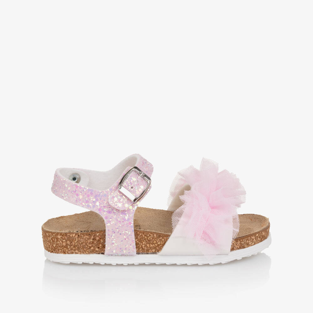 Monnalisa-Girls Pink Glitter & Tulle Ruffle Sandals | Childrensalon Outlet