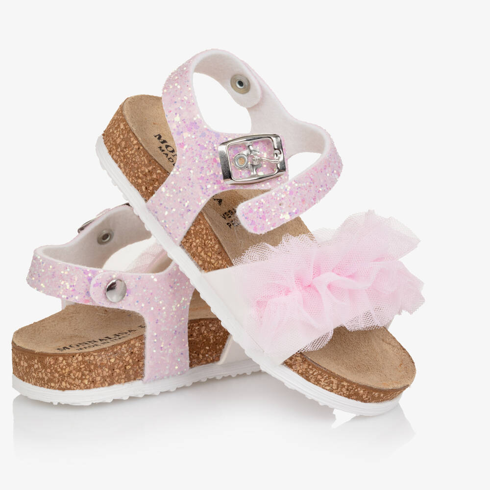 Monnalisa-Girls Pink Glitter & Tulle Ruffle Sandals | Childrensalon Outlet