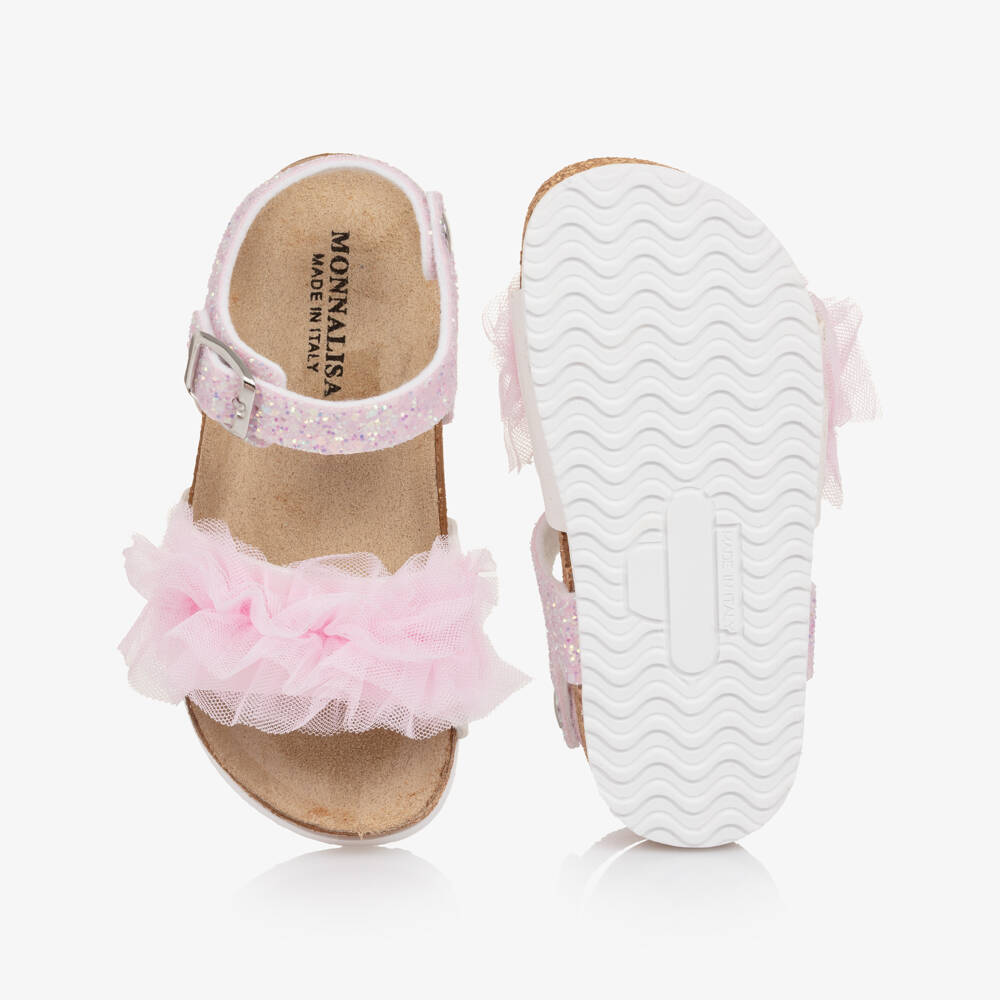 Monnalisa-Girls Pink Glitter & Tulle Ruffle Sandals | Childrensalon Outlet
