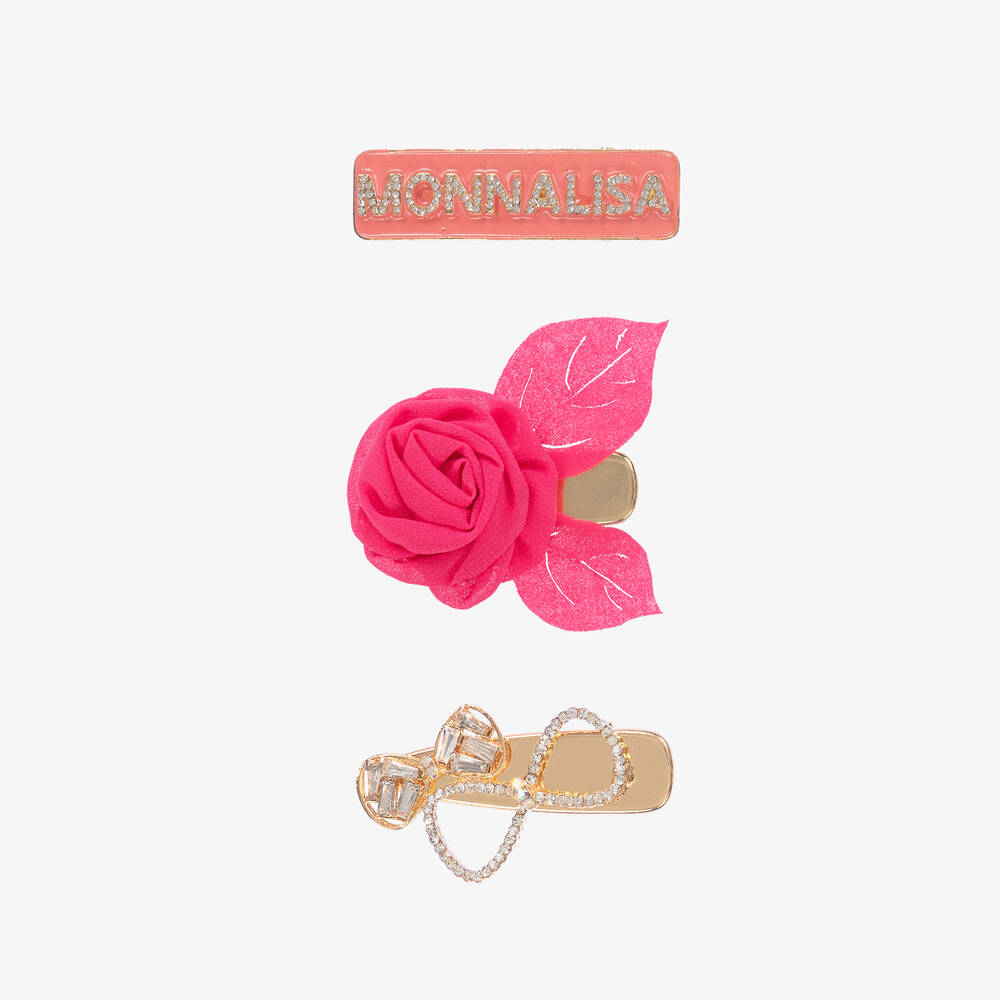 Monnalisa Chic - Girls Pink & Gold Hair Clips (3 Pack) | Childrensalon