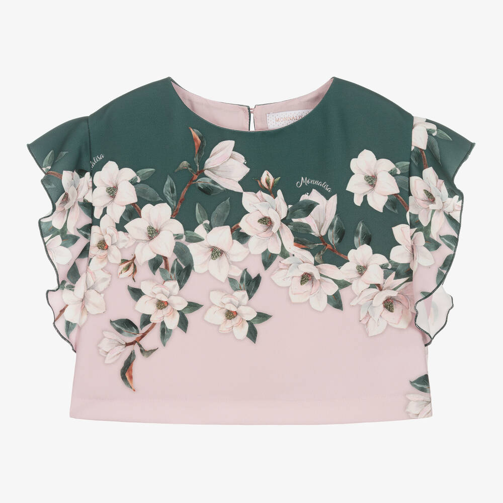 Monnalisa - Girls Pink & Green Floral Cropped Blouse | Childrensalon