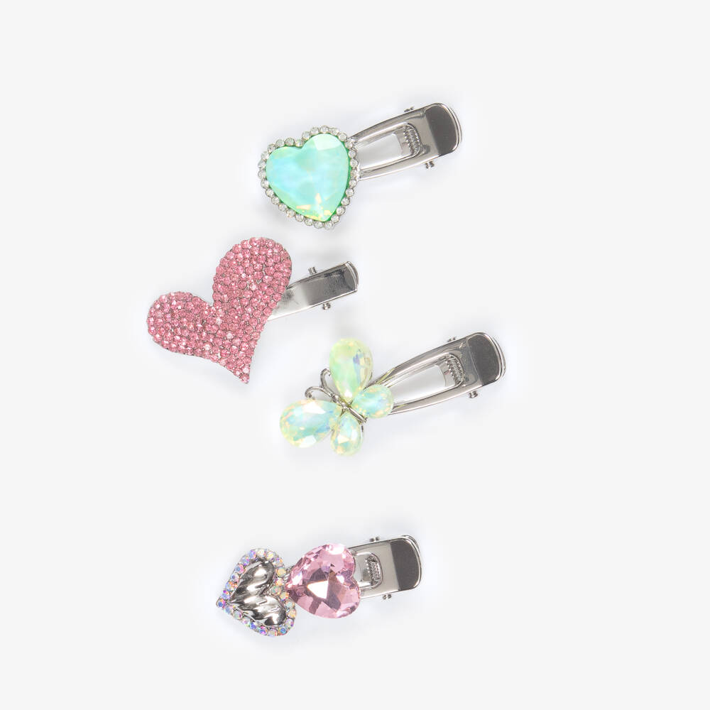 Monnalisa-Girls Pink Heart & Butterfly Hair Clips (4 Pack) | Childrensalon Outlet