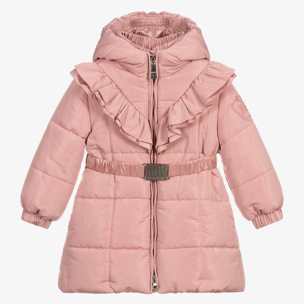 Monnalisa - Girls Pink Hooded Puffer Coat | Childrensalon