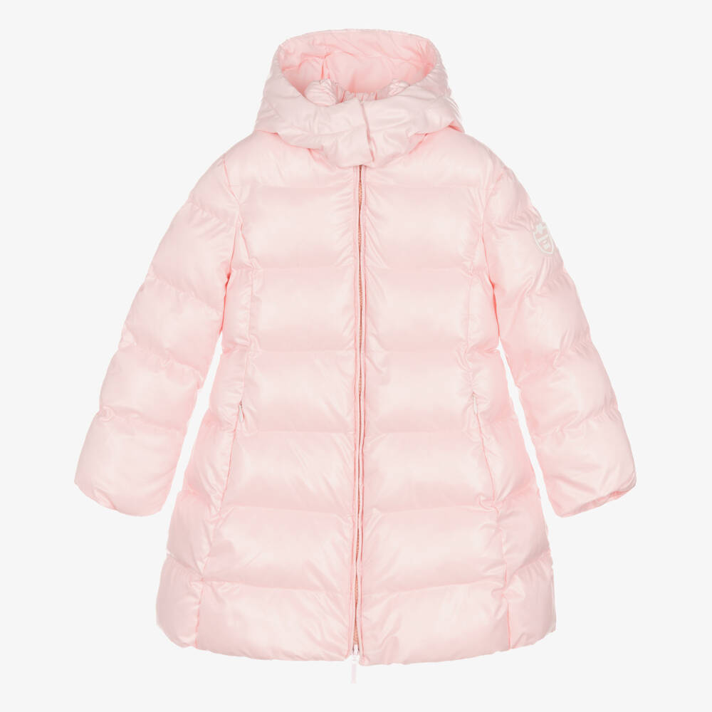 Monnalisa - Girls Pink Hooded Puffer Coat | Childrensalon