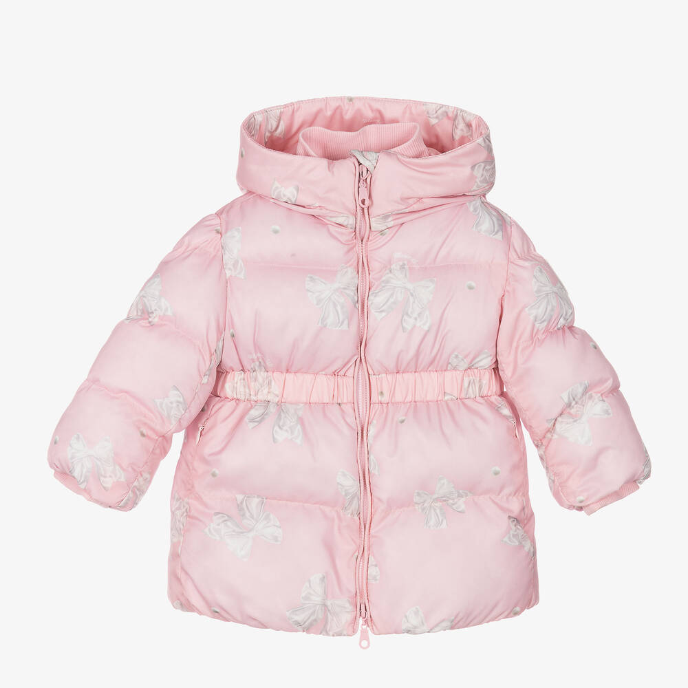 Monnalisa - Girls Pink & Ivory Bow Print Puffer Coat | Childrensalon