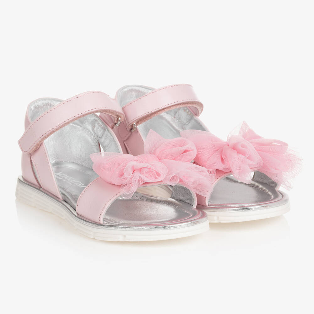 Monnalisa - Girls Pink Leather Bow Sandals | Childrensalon