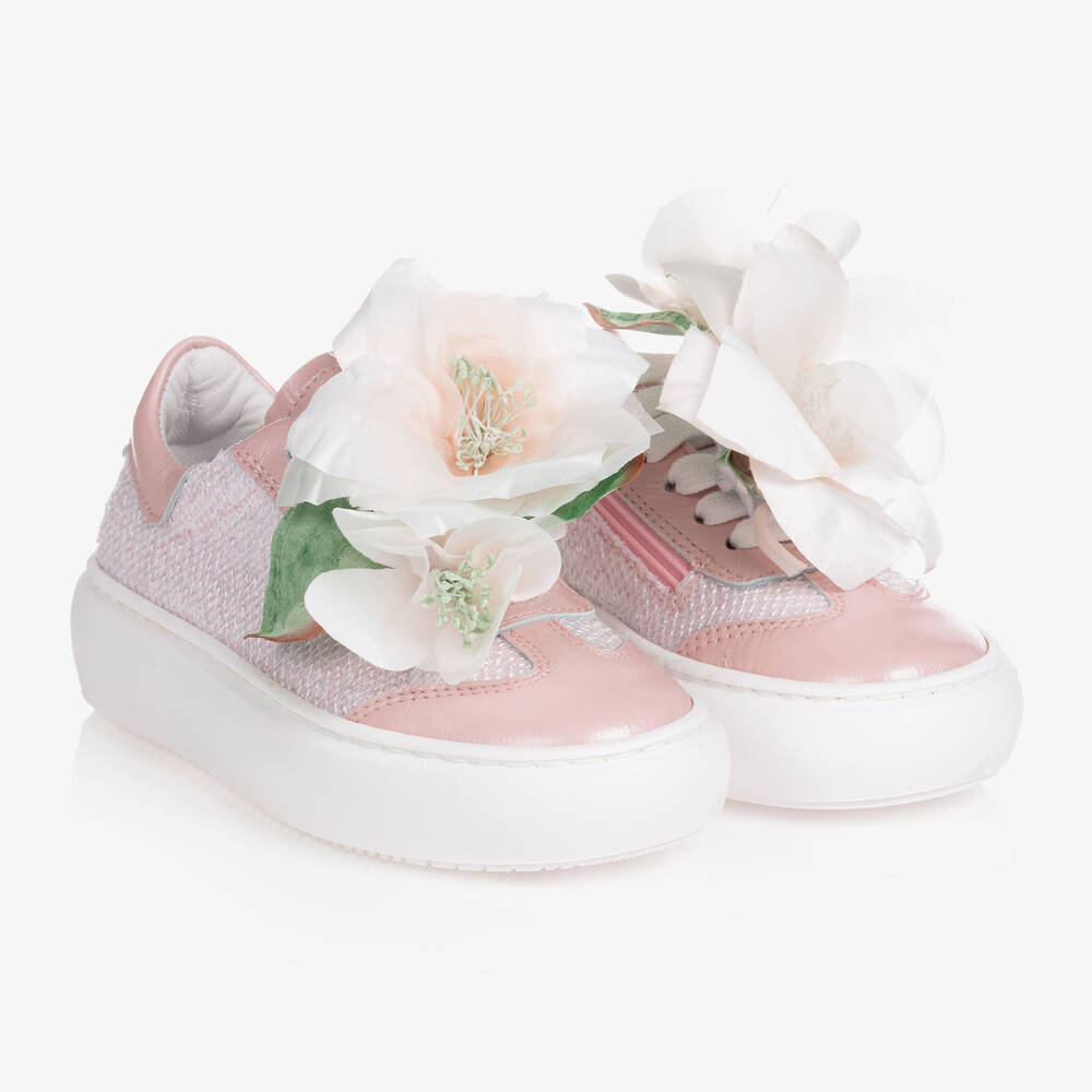 Monnalisa - Girls Pink Leather Flower Trainers | Childrensalon