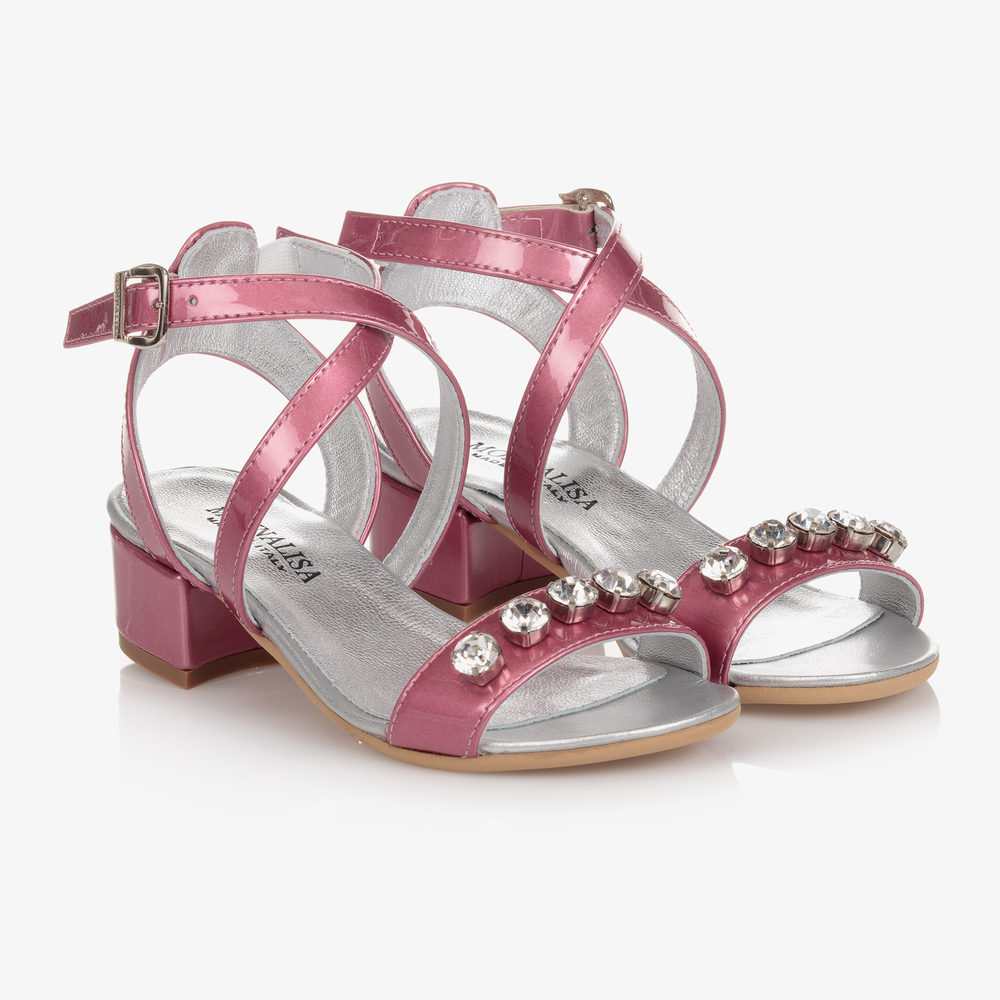 Monnalisa - Girls Pink Leather Gem Sandals | Childrensalon