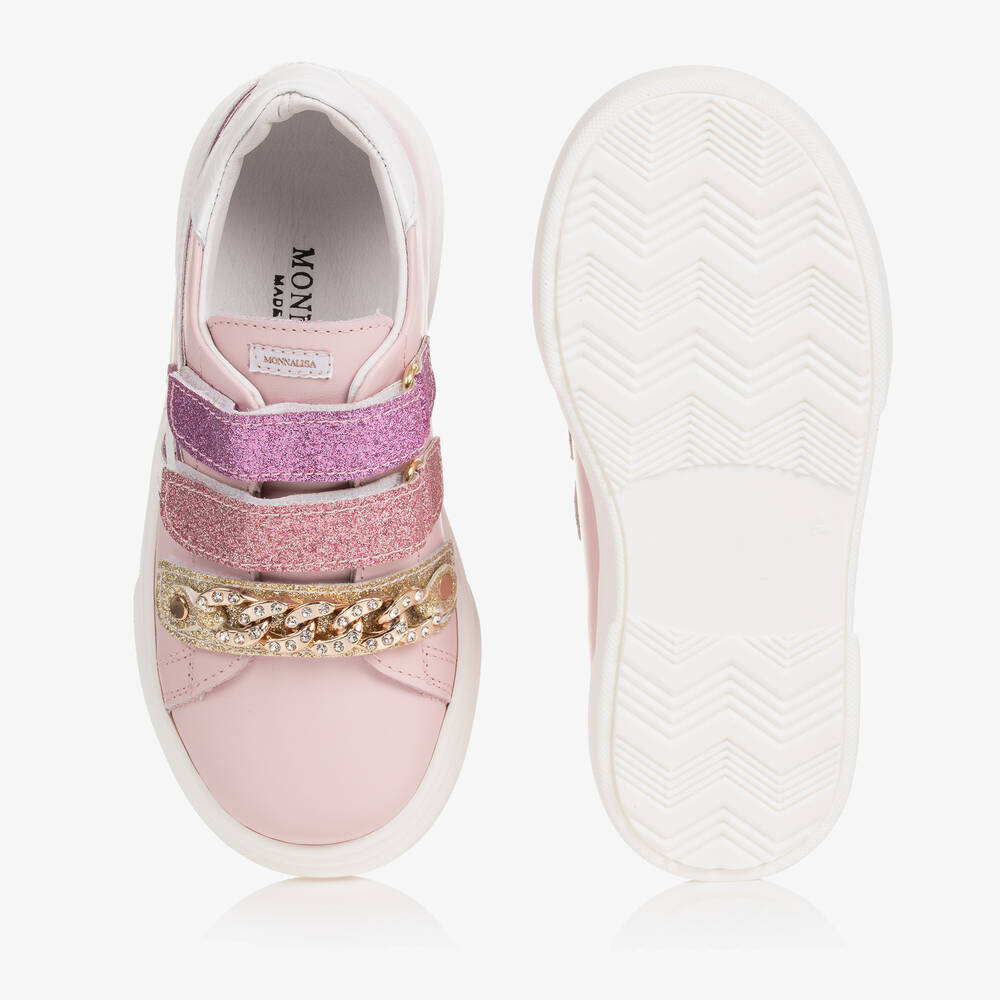 Monnalisa-Girls Pink Leather Glitter Velcro Trainers | Childrensalon Outlet