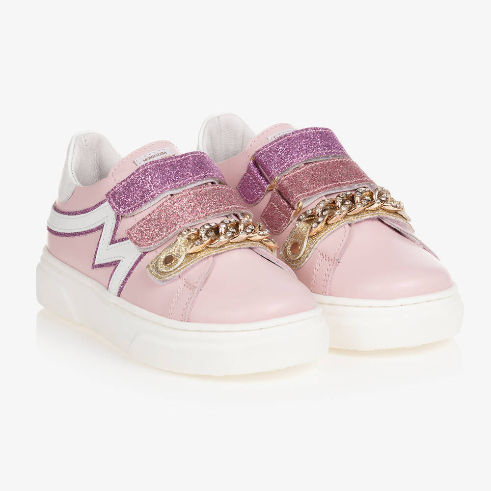 Monnalisa - Розовые кожаные кроссовки на липучке с блестками | Childrensalon