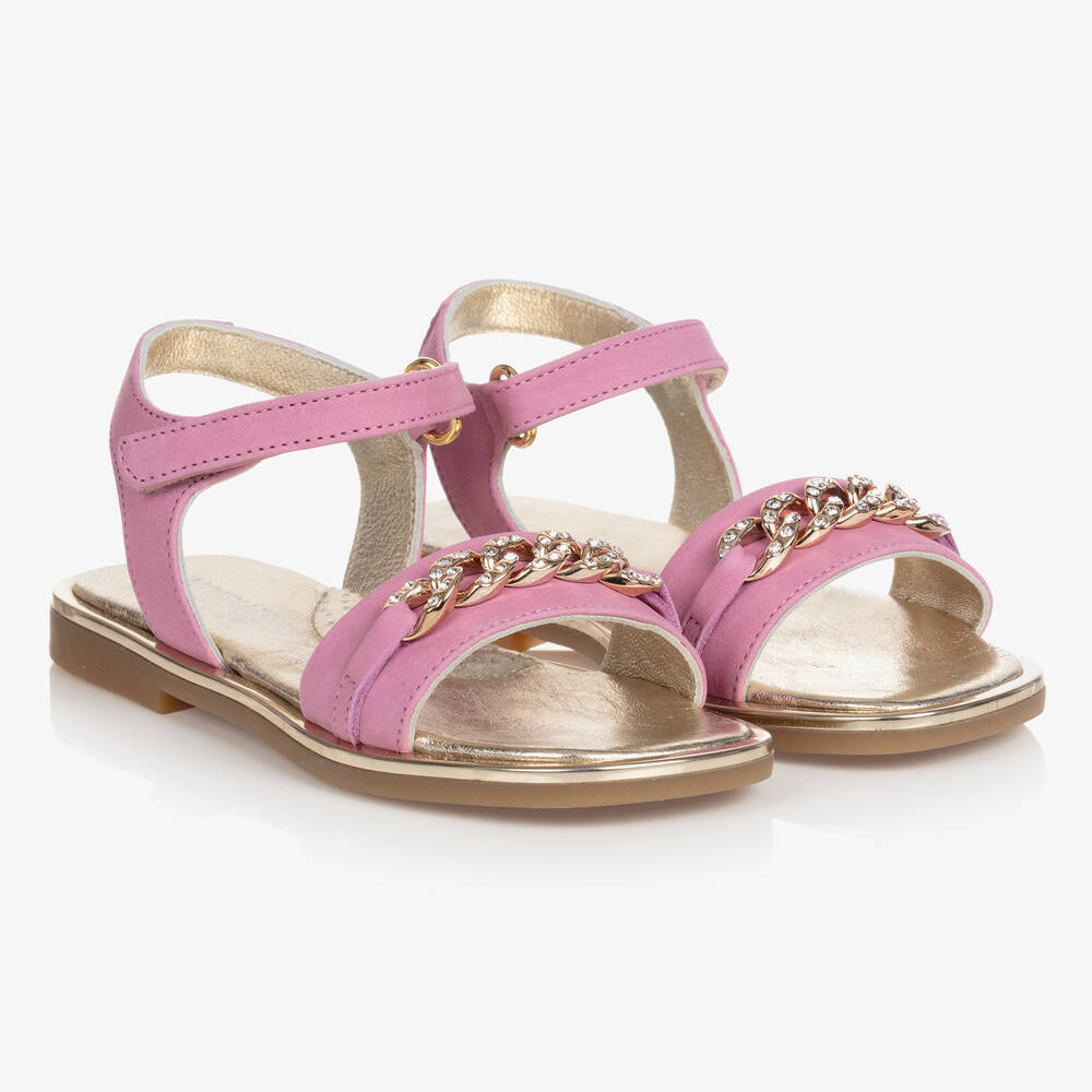Monnalisa - Girls Pink Leather & Gold Chain Sandals | Childrensalon