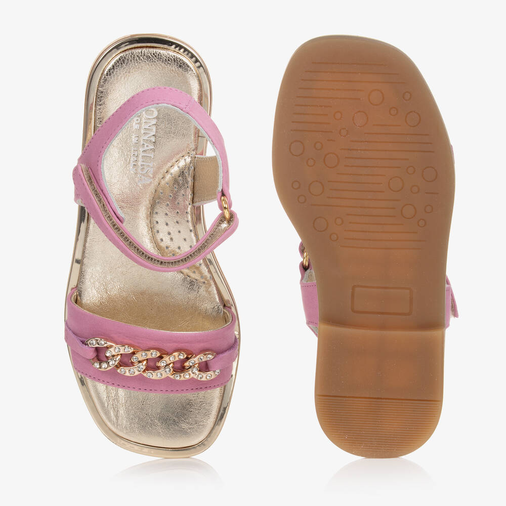 Monnalisa-Розовые кожаные сандалии с золотистыми цепочками | Childrensalon Outlet
