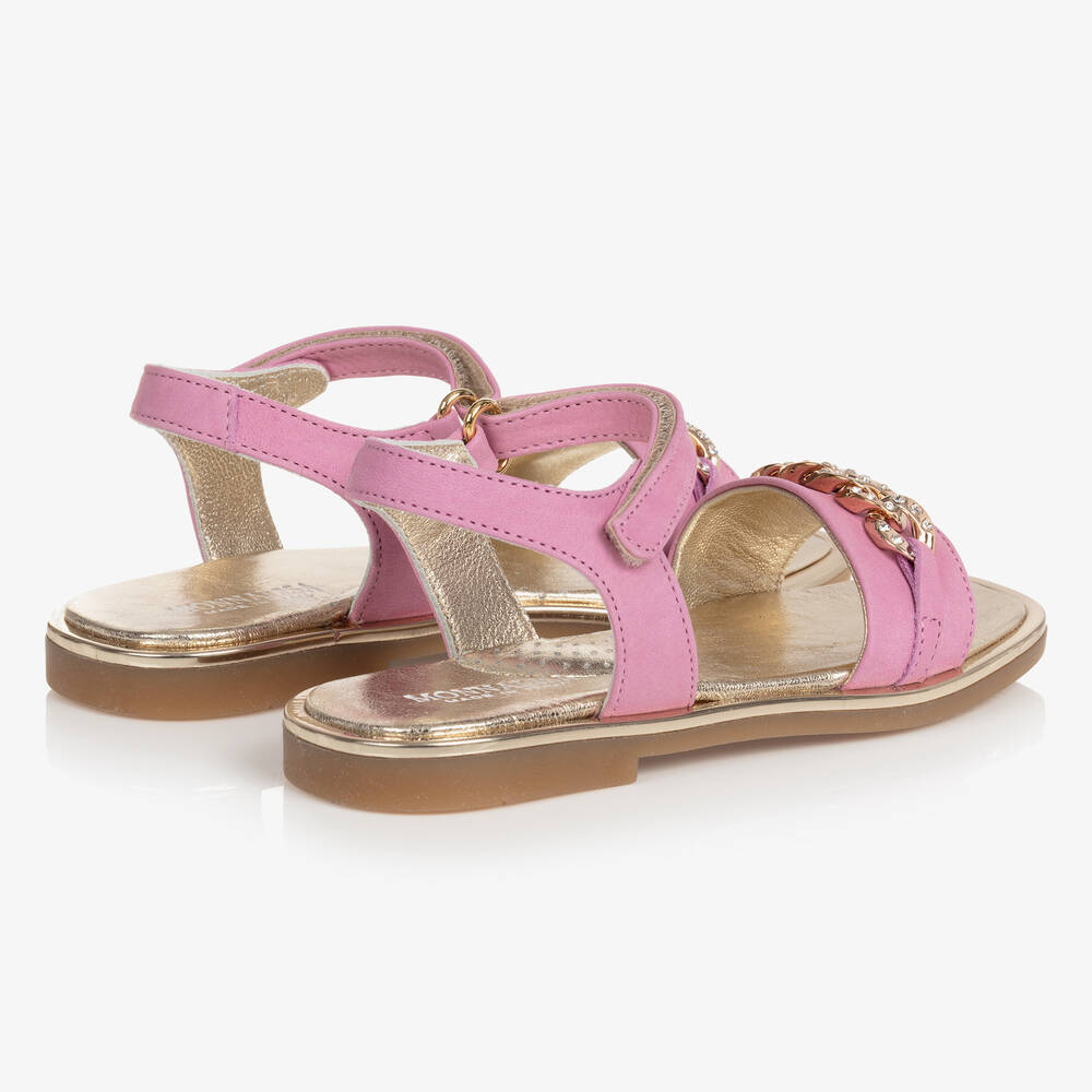Monnalisa-Розовые кожаные сандалии с золотистыми цепочками | Childrensalon Outlet