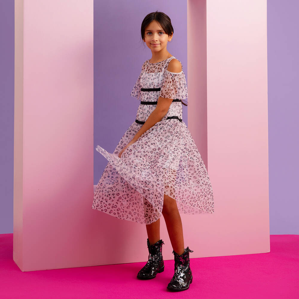 Monnalisa-Girls Pink Leopard Tulle Dress | Childrensalon Outlet