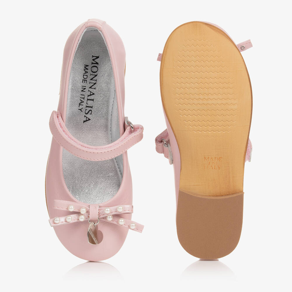 Monnalisa Girls Pink Pearl Bow Ballerina Shoes