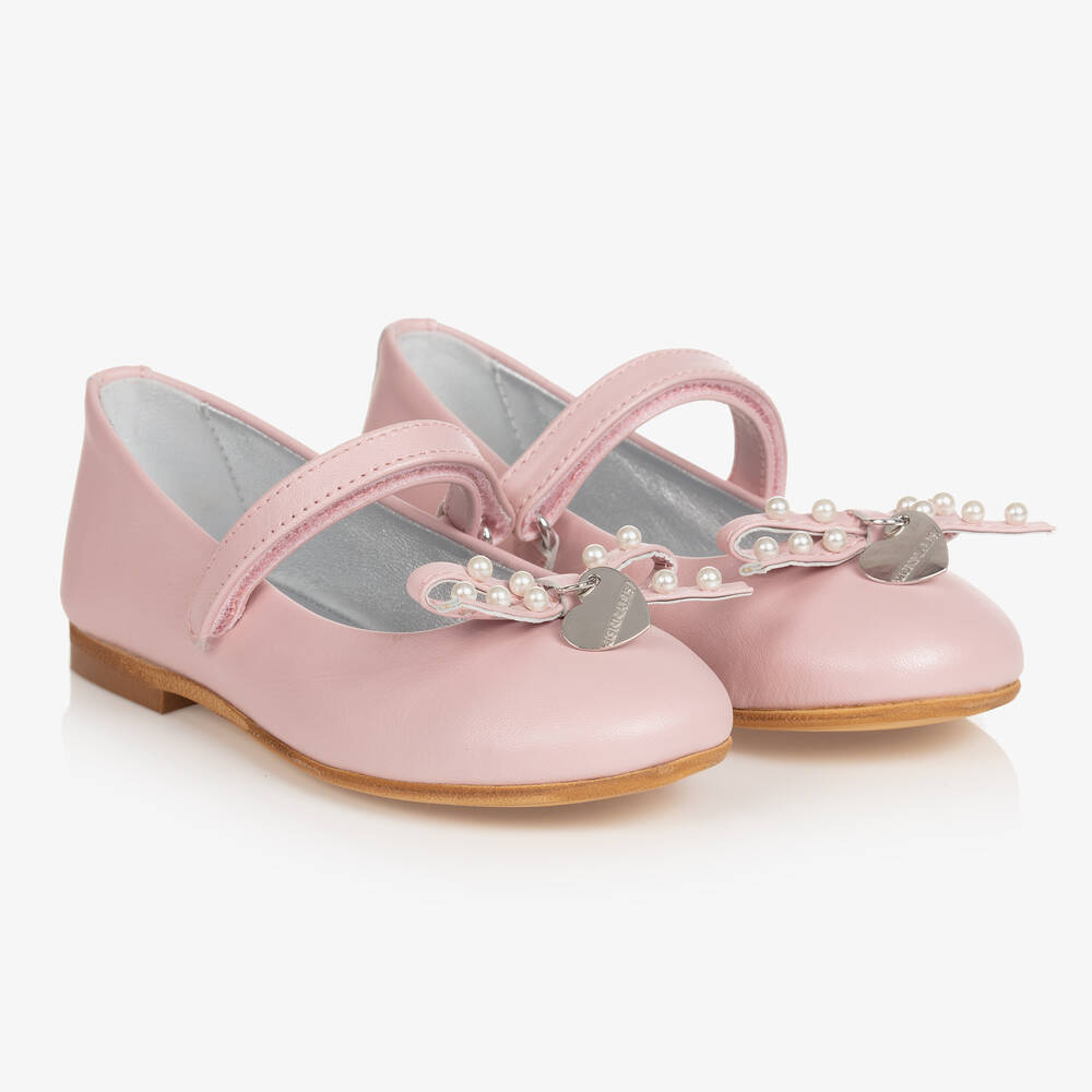 Monnalisa - Girls Pink Pearl Bow Ballerina Shoes | Childrensalon