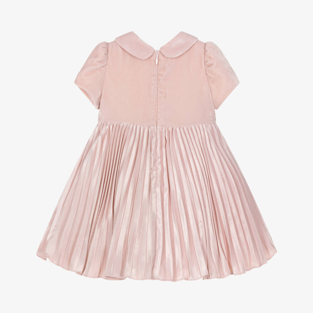 Monnalisa-Girls Pink Pleated Velvet Dress with Rose Appliqués | Childrensalon Outlet