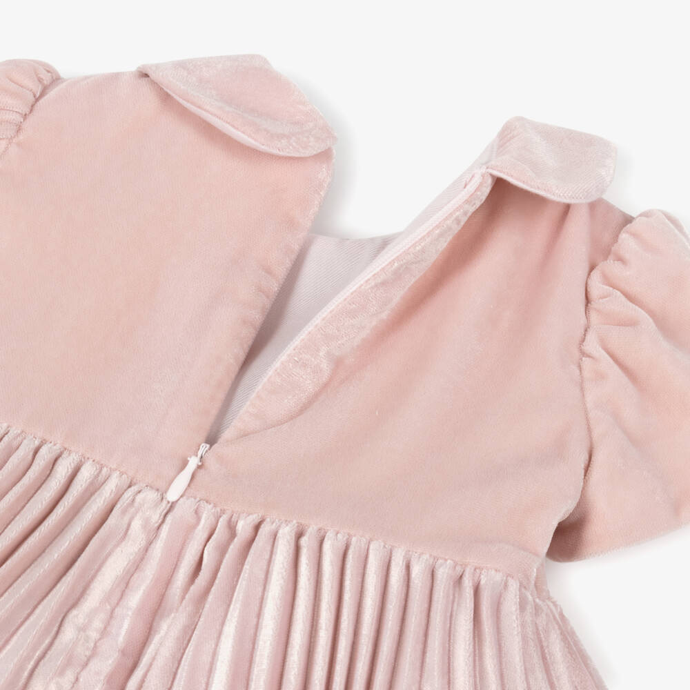 Monnalisa-Girls Pink Pleated Velvet Dress with Rose Appliqués | Childrensalon Outlet