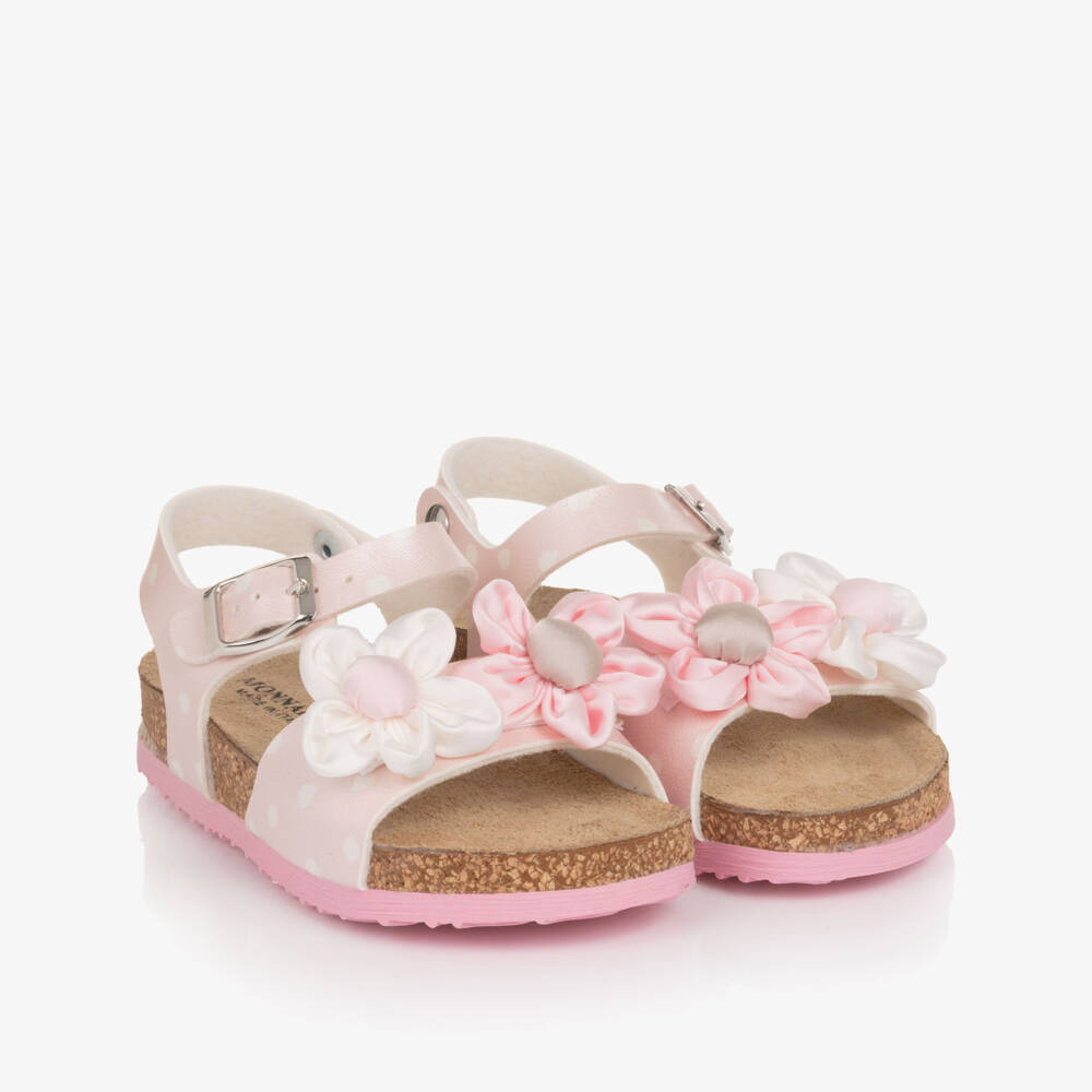 Monnalisa-Girls Pink Polka Dot Sandals with Flower Appliqués | Childrensalon Outlet